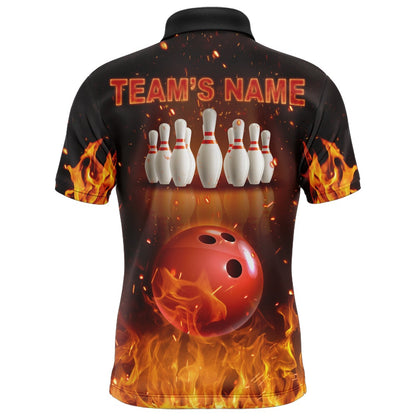 Custom Bowling Polo Shirts, Personalized Men'S Bowling Team Shirt Flame Bowling Jersey Custom Funny Bowling Polo Shirt