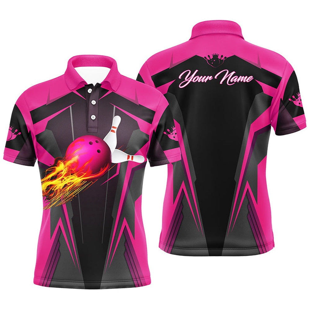 Custom Bowling Polo Shirts, Personalized Mens Polo Shirt Flame Bowling Ball Pins, Bowling Jerseys For Bowlers Pink