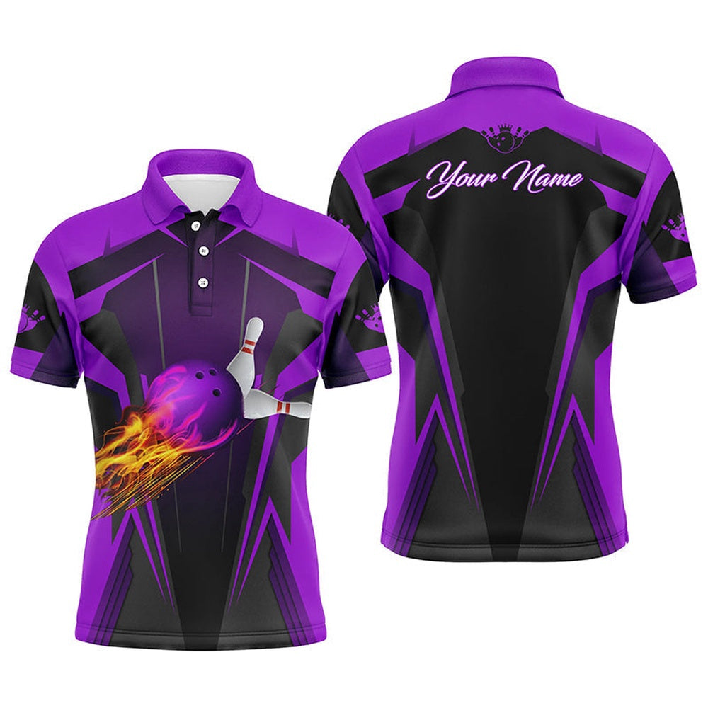 Custom Bowling Polo Shirts, Personalized Mens Polo Shirt Flame Bowling Ball Pins, Bowling Jerseys For Bowlers Purple