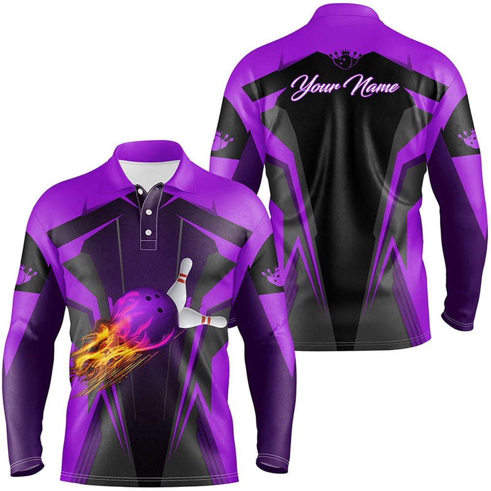 Custom Bowling Polo Shirts, Personalized Mens Polo Shirt Flame Bowling Ball Pins, Bowling Jerseys For Bowlers Purple