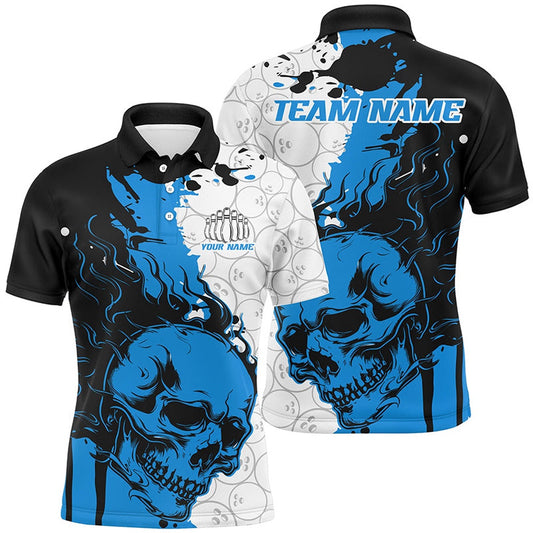Custom Bowling Polo Shirts, Personalized Multicolor Flame Skull Bowling Team Shirts, Bowling Ball Pattern Bowling Jersey For Men And Women