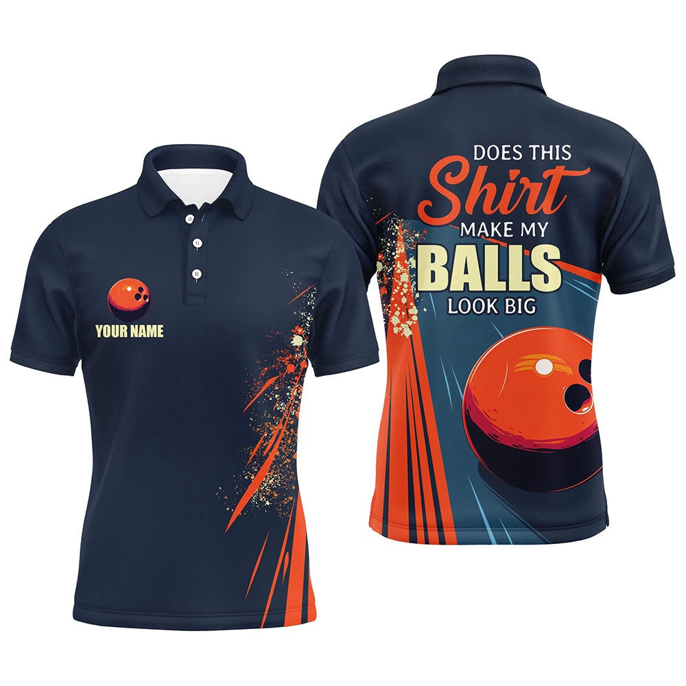Custom Bowling Polo Shirts, Personalized Navy & Orange Retro Bowling Shirts For Men Custom Does This Shirt Make My Balls Look Big
