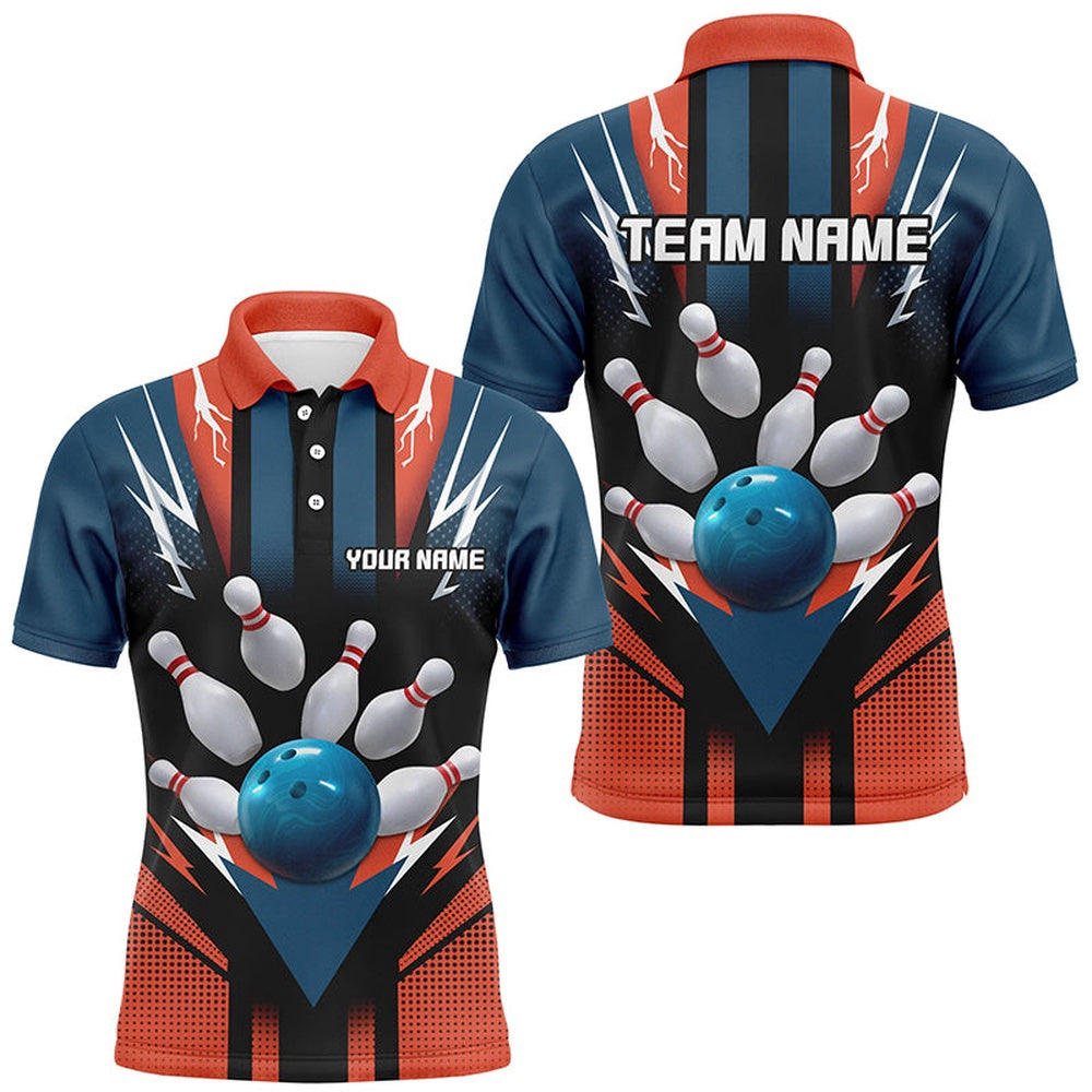 Custom Bowling Polo Shirts, Personalized Orange And Navy Bowling Shirt Polo Bowling Shirt For Men Bowling Team League Unisex Bowling Jerseys