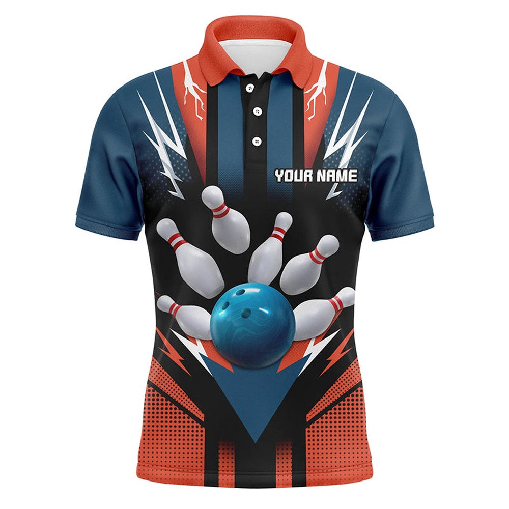 Custom Bowling Polo Shirts, Personalized Orange And Navy Bowling Shirt Polo Bowling Shirt For Men Bowling Team League Unisex Bowling Jerseys