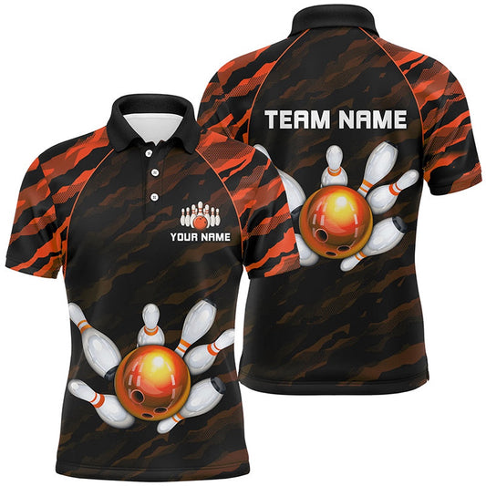 Custom Bowling Polo Shirts, Personalized Orange Camo Bowling Polo Shirts Unisex Bowling Team Jersey Men Women