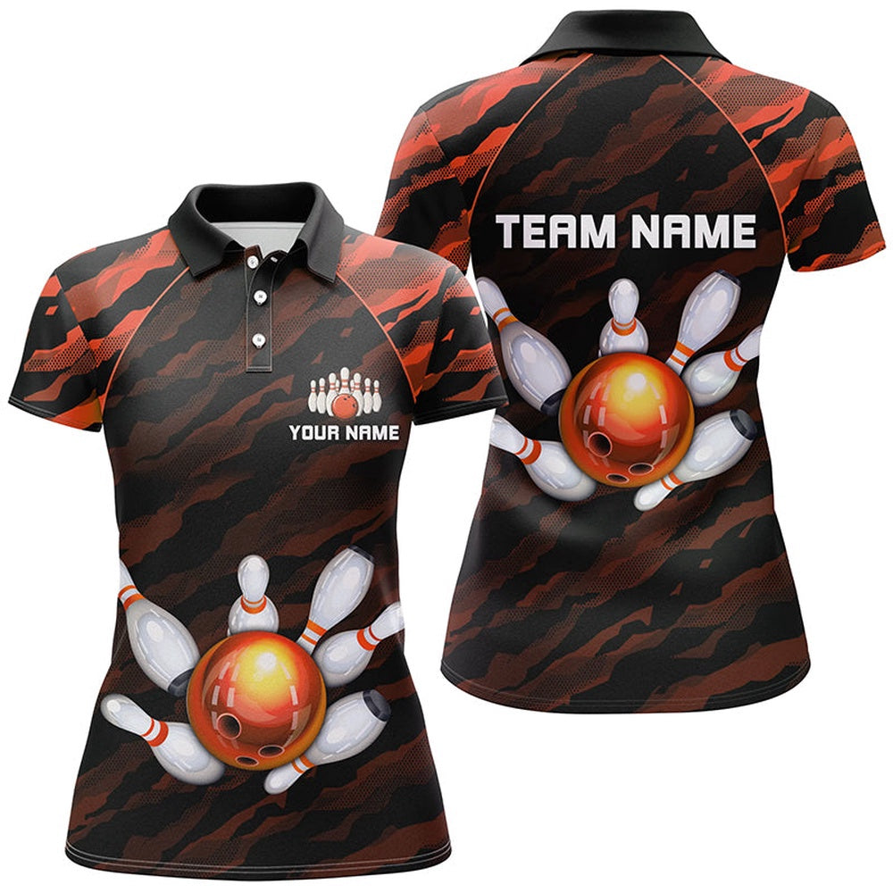 Custom Bowling Polo Shirts, Personalized Orange Camo Bowling Polo Shirts Unisex Bowling Team Jersey Men Women