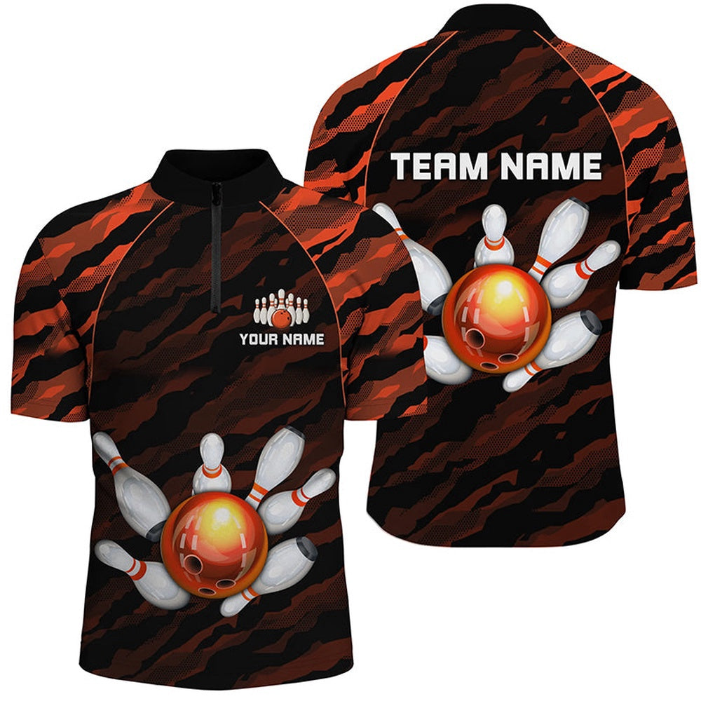 Custom Bowling Polo Shirts, Personalized Orange Camo Bowling Shirts Unisex Bowling Team Jersey Men Women