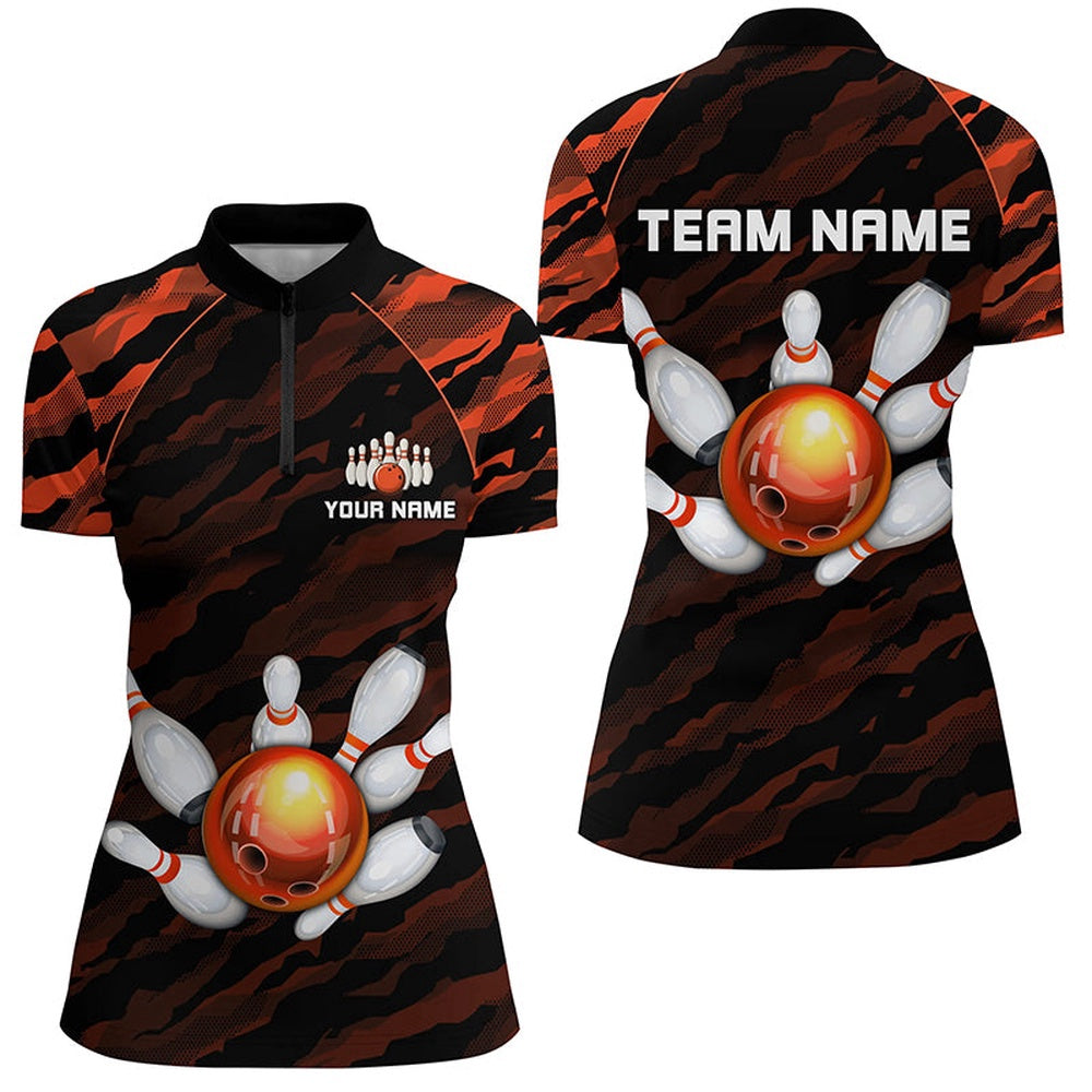 Custom Bowling Polo Shirts, Personalized Orange Camo Bowling Shirts Unisex Bowling Team Jersey Men Women