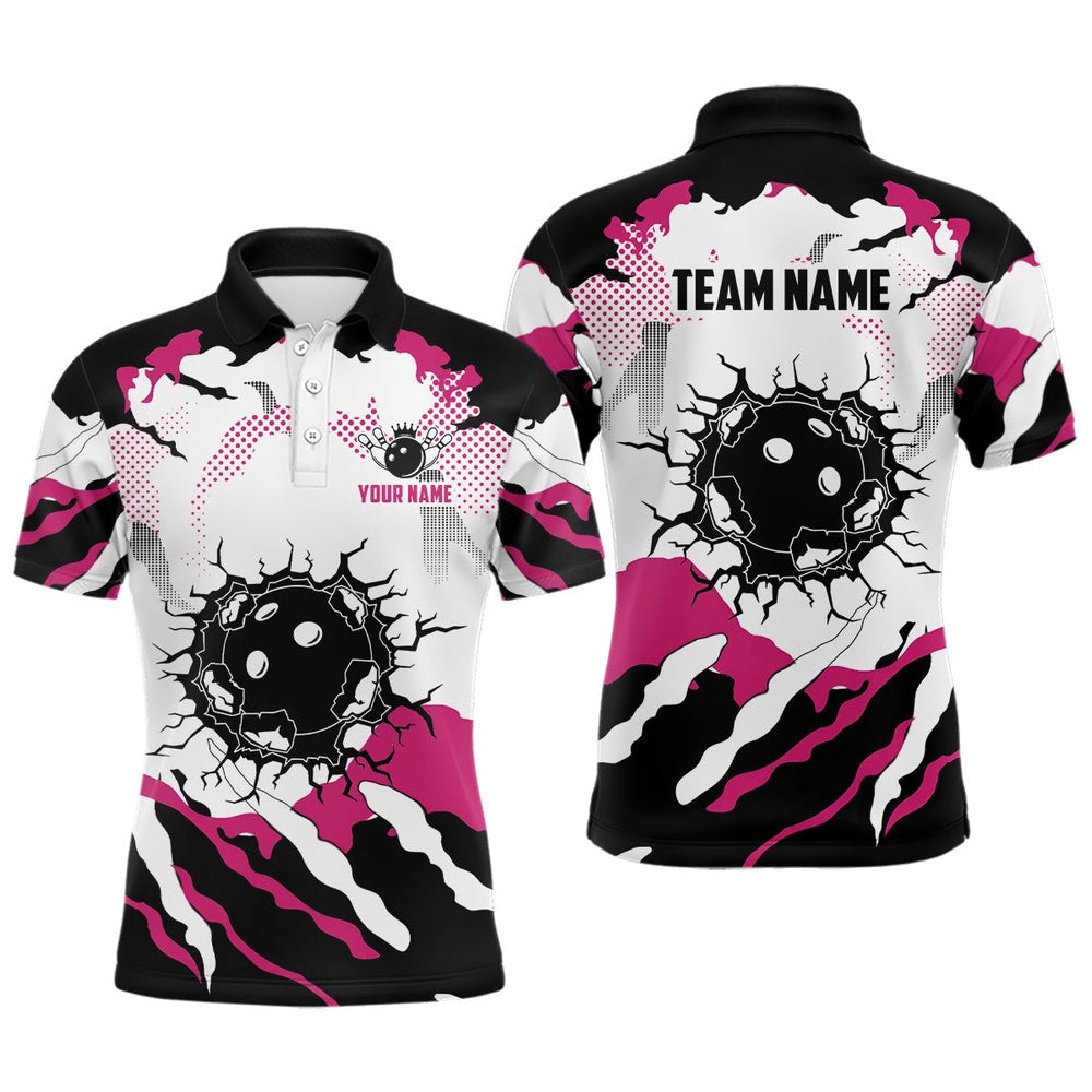 Custom Bowling Polo Shirts, Personalized Pink And White Camo Bowling Polo Shirts For Men, Custom Team Men'S Bowling Shirt