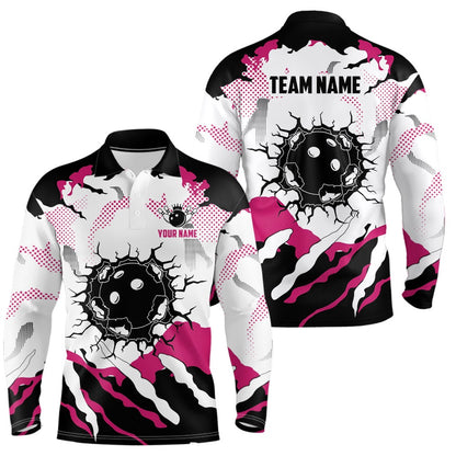 Custom Bowling Polo Shirts, Personalized Pink And White Camo Bowling Polo Shirts For Men, Custom Team Men'S Bowling Shirt