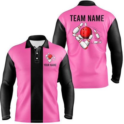 Custom Bowling Polo Shirts, Personalized Pink Black Retro Bowling Polo Shirts For Men Custom Vintage Bowling Team Jerseys