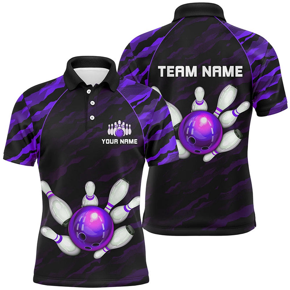 Custom Bowling Polo Shirts, Personalized Purple Camo Bowling Polo Shirts Unisex Bowling Team Jersey Men Women