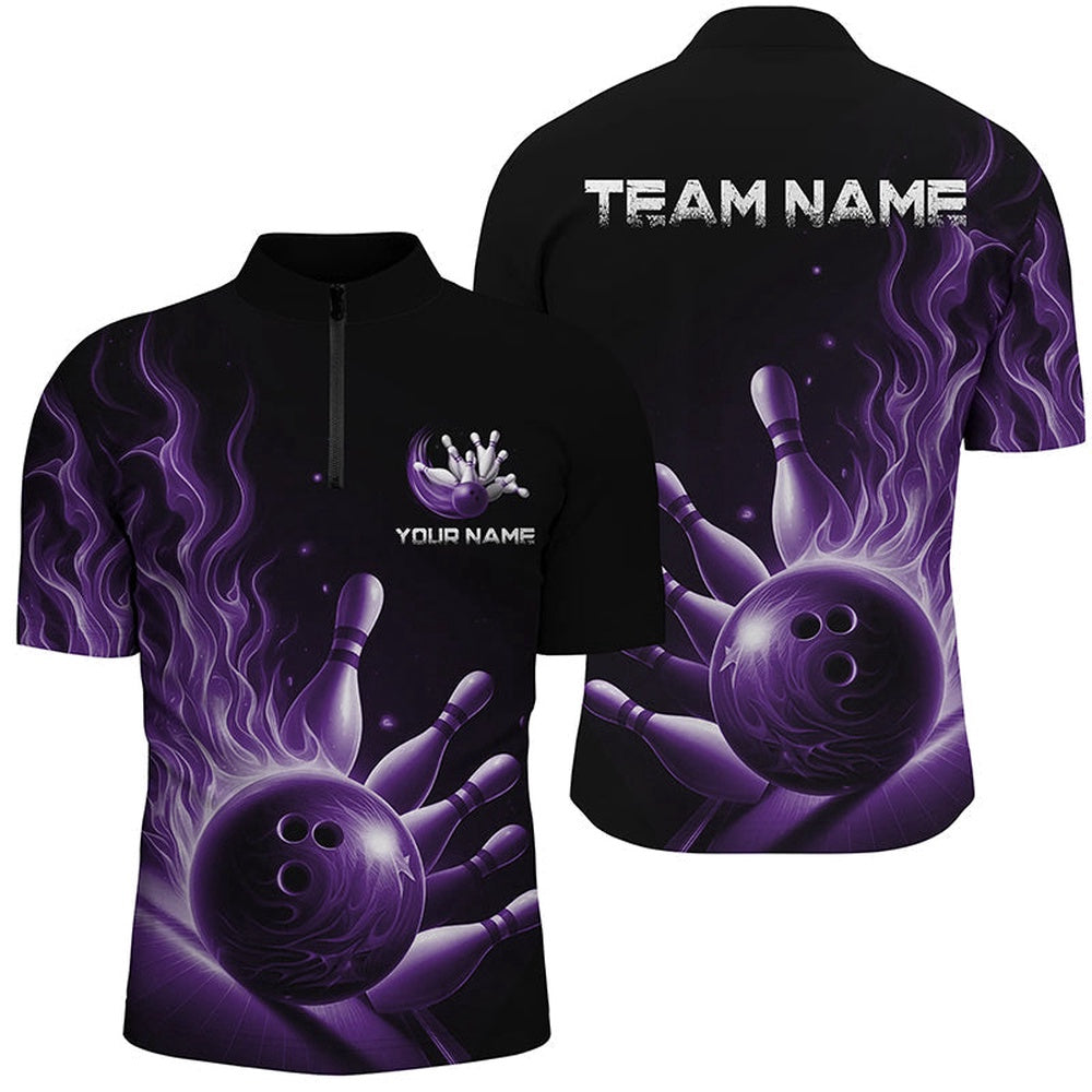Custom Bowling Polo Shirts, Personalized Purple Flame Bowling Polo Shirts For Men And Women Bowling Team Jerseys Strike Bowling