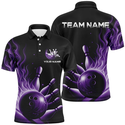 Custom Bowling Polo Shirts, Personalized Purple Flame Bowling Polo Shirts For Men And Women Bowling Team Jerseys Strike Bowling