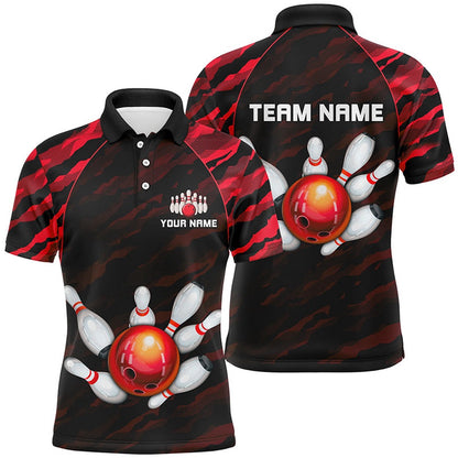 Custom Bowling Polo Shirts, Personalized Red Camo Bowling Polo Shirts Unisex Bowling Team Jersey Men Women