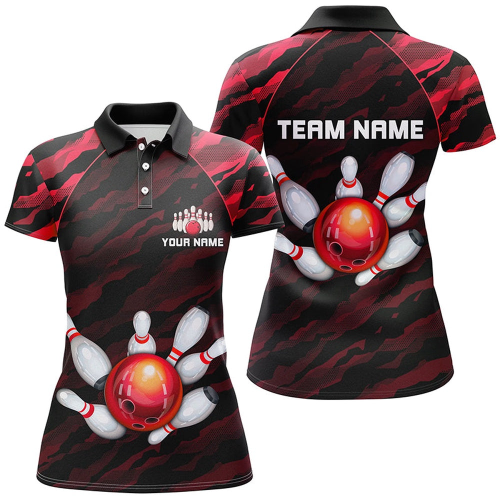 Custom Bowling Polo Shirts, Personalized Red Camo Bowling Polo Shirts Unisex Bowling Team Jersey Men Women