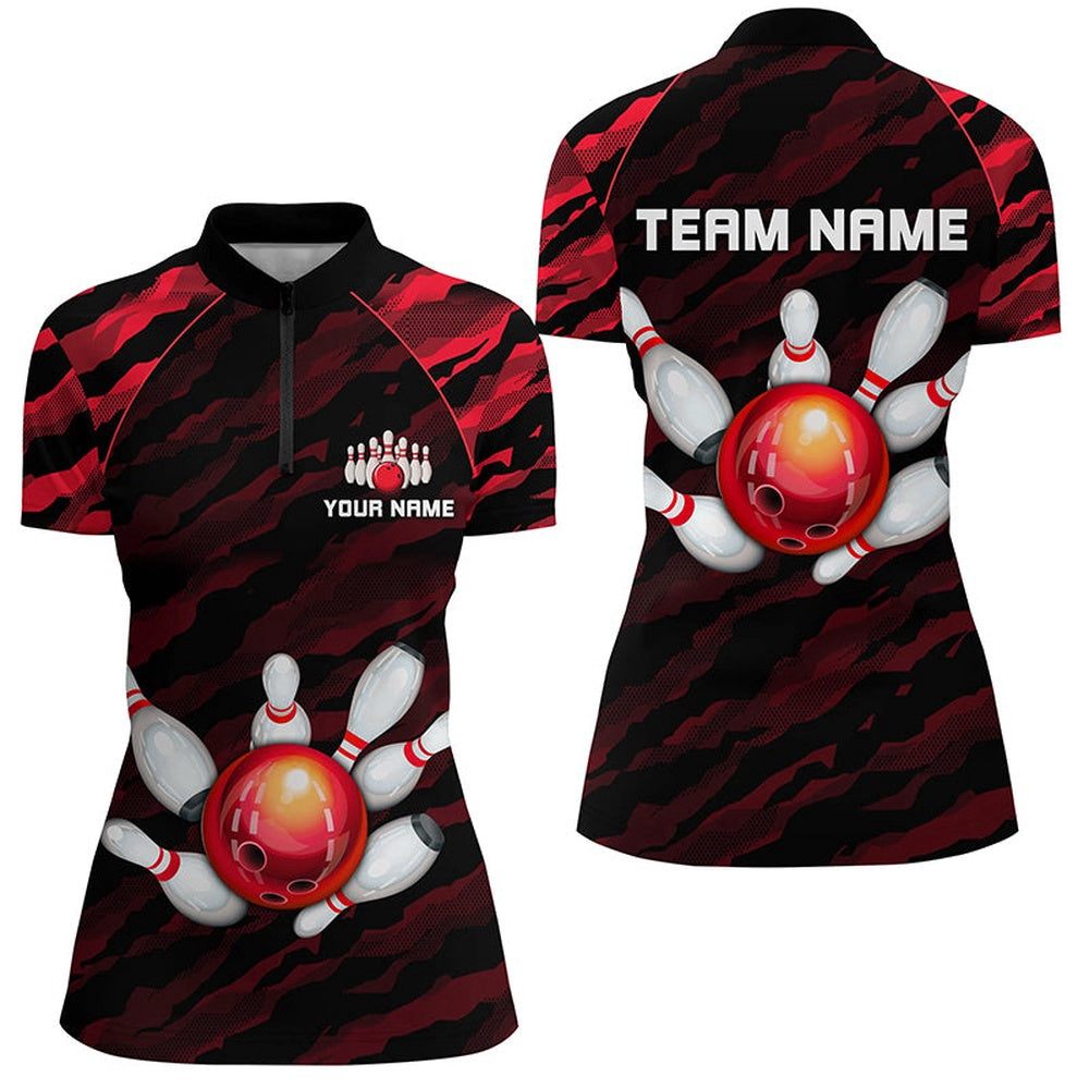 Custom Bowling Polo Shirts, Personalized Red Camo Bowling Shirts Unisex Bowling Team Jersey Men Women