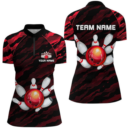 Custom Bowling Polo Shirts, Personalized Red Camo Bowling Shirts Unisex Bowling Team Jersey Men Women