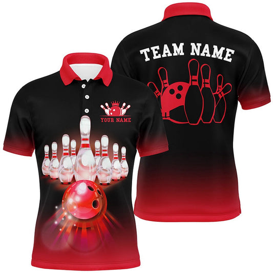 Custom Bowling Polo Shirts, Personalized Red Gradient Bowling Ball And Pins Team Jerseys, Mens Polo Bowling Shirts Bowling League
