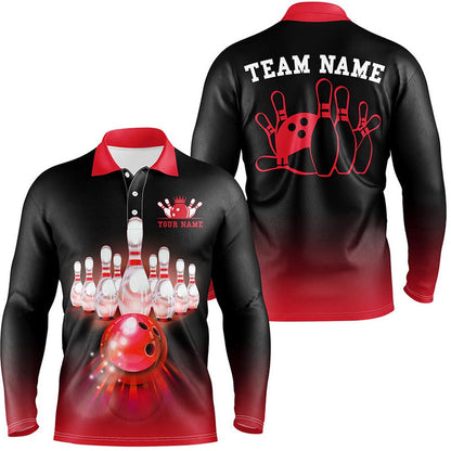 Custom Bowling Polo Shirts, Personalized Red Gradient Bowling Ball And Pins Team Jerseys, Mens Polo Bowling Shirts Bowling League