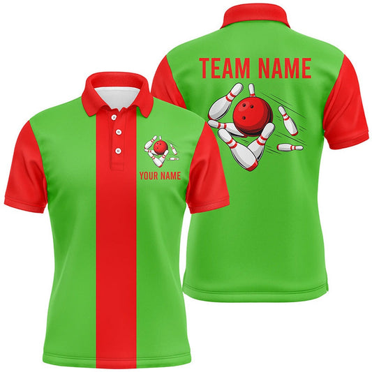 Custom Bowling Polo Shirts, Personalized Red Green Christmas Bowling Polo Shirts For Men Custom Vintage Bowling Team Jerseys