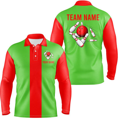 Custom Bowling Polo Shirts, Personalized Red Green Christmas Bowling Polo Shirts For Men Custom Vintage Bowling Team Jerseys