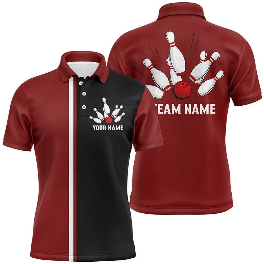 Custom Bowling Polo Shirts, Personalized Red White And Black Retro Bowling Polo Shirts For Men Custom Vintage Bowling Team Jerseys