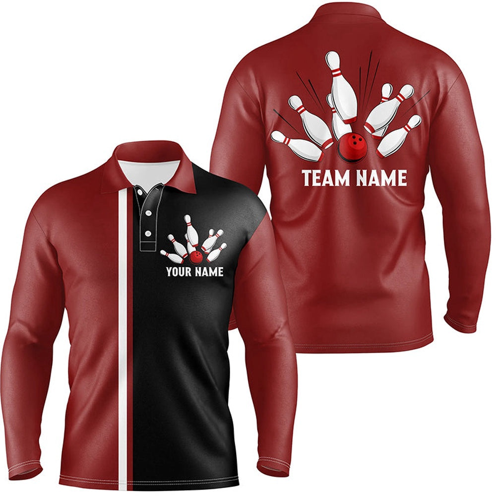 Custom Bowling Polo Shirts, Personalized Red White And Black Retro Bowling Polo Shirts For Men Custom Vintage Bowling Team Jerseys