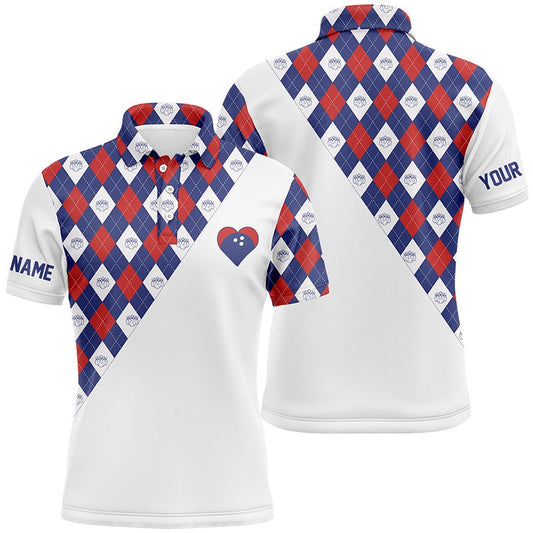 Custom Bowling Polo Shirts, Personalized Red White And Blue Argyle Pattern Bowling Polo Shirt For Men, Custom Bowling Heart Jersey