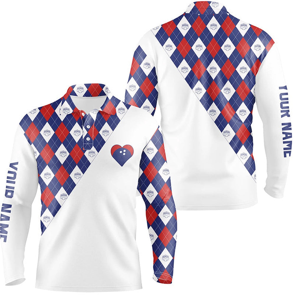 Custom Bowling Polo Shirts, Personalized Red White And Blue Argyle Pattern Bowling Polo Shirt For Men, Custom Bowling Heart Jersey