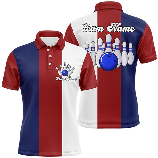 Custom Bowling Polo Shirts, Personalized Red White And Blue Retro Bowling Polo Shirts For Men Custom Vintage Bowling Team Jerseys