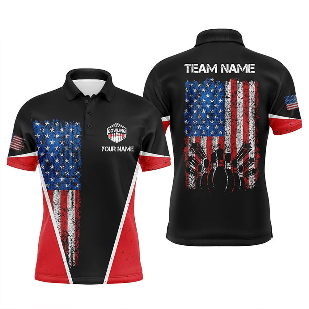 Custom Bowling Polo Shirts, Personalized Retro Bowling Polo Shirt For Men Vintage American Flag Patriotic Custom Bowler Jerseys