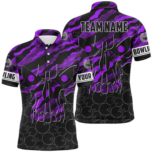 Custom Bowling Polo Shirts, Personalized Skull Bowling Polo Shirt For Men Custom Team'S Name Purple Camo Bowler Jerseys