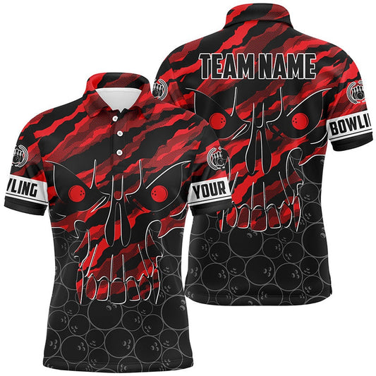 Custom Bowling Polo Shirts, Personalized Skull Bowling Polo Shirt For Men Custom Team'S Name Red Camo Bowler Jerseys