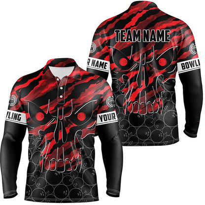 Custom Bowling Polo Shirts, Personalized Skull Bowling Polo Shirt For Men Custom Team'S Name Red Camo Bowler Jerseys