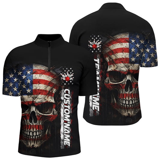 Custom Bowling Polo Shirts, Personalized Skull Bowling Shirt For Men Custom Team'S Name American Flag Bowler Jersey