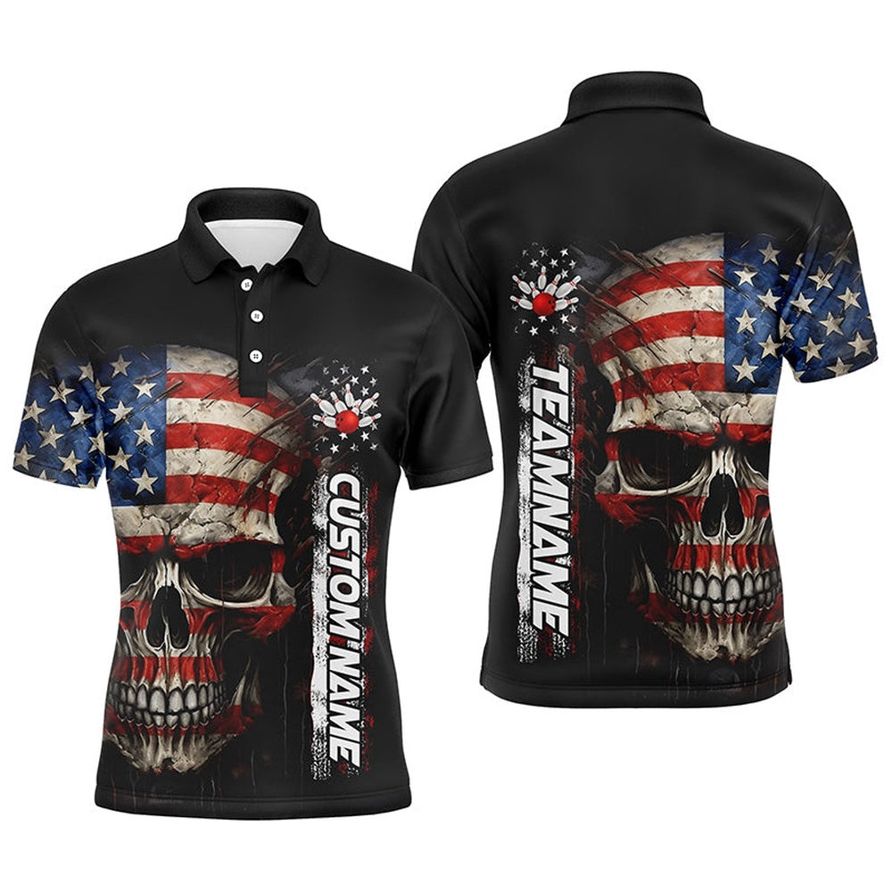 Custom Bowling Polo Shirts, Personalized Skull Bowling Shirt For Men Custom Team'S Name American Flag Bowler Jersey