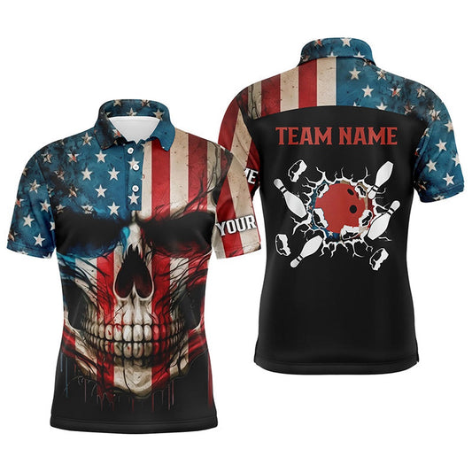 Custom Bowling Polo Shirts, Personalized Skull Bowling Shirt For Men Custom Team'S Name American Flag Bowler Jersey Polo Shirt