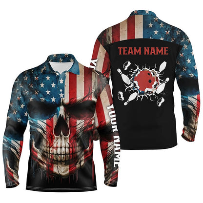 Custom Bowling Polo Shirts, Personalized Skull Bowling Shirt For Men Custom Team'S Name American Flag Bowler Jersey Polo Shirt