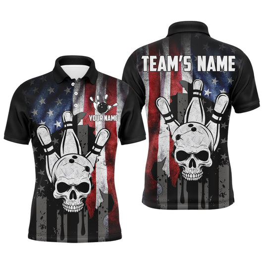 Custom Bowling Polo Shirts, Personalized Skull Bowling Shirt For Men, Custom Team'S Name American Flag Cool Bowler Jersey