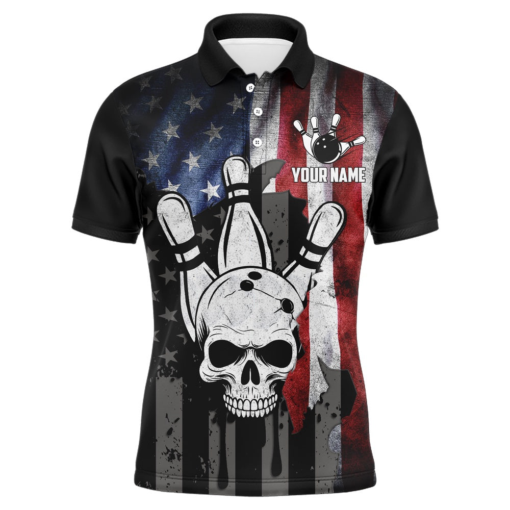 Custom Bowling Polo Shirts, Personalized Skull Bowling Shirt For Men, Custom Team'S Name American Flag Cool Bowler Jersey