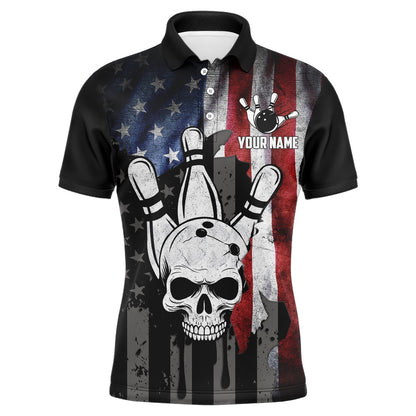 Custom Bowling Polo Shirts, Personalized Skull Bowling Shirt For Men, Custom Team'S Name American Flag Cool Bowler Jersey