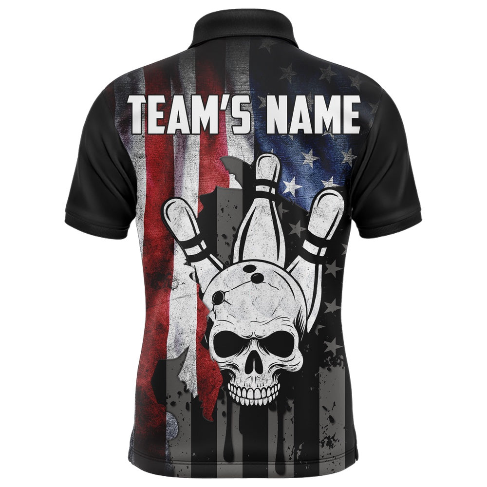 Custom Bowling Polo Shirts, Personalized Skull Bowling Shirt For Men, Custom Team'S Name American Flag Cool Bowler Jersey