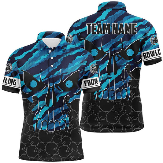 Custom Bowling Polo Shirts, Personalized Skull Bowling Shirt For Men Custom Team'S Name Blue Camo Bowler Jersey Polo Shirt
