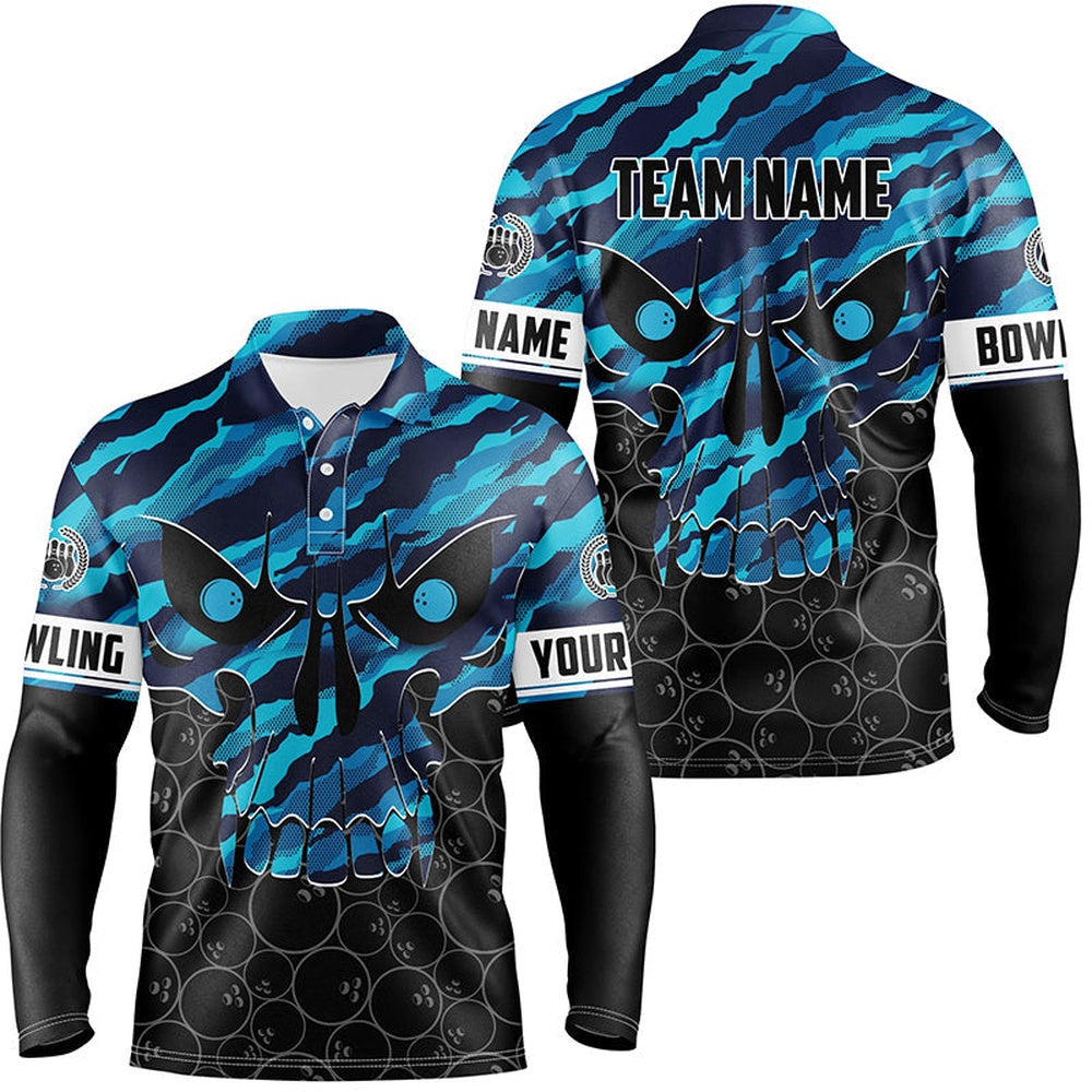 Custom Bowling Polo Shirts, Personalized Skull Bowling Shirt For Men Custom Team'S Name Blue Camo Bowler Jersey Polo Shirt