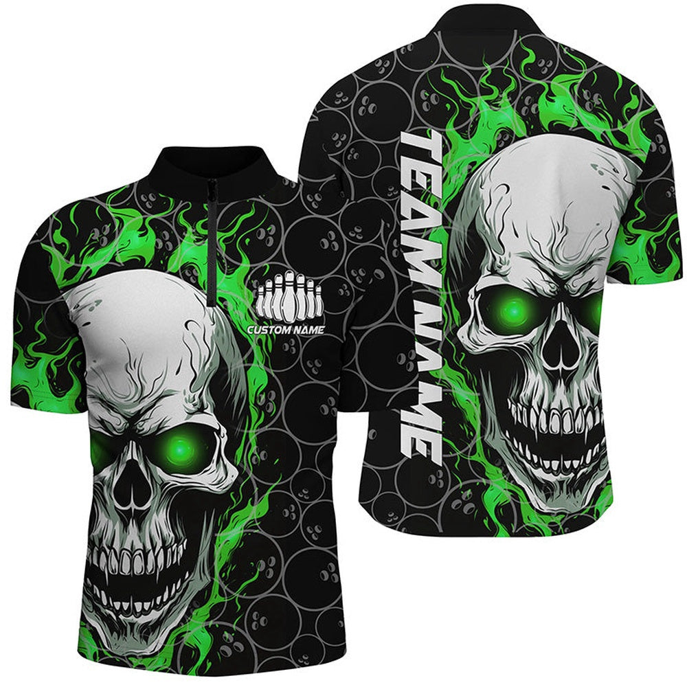 Custom Bowling Polo Shirts, Personalized Skull Bowling Shirt For Men Custom Team'S Name Flame Bowler Jerseys Green