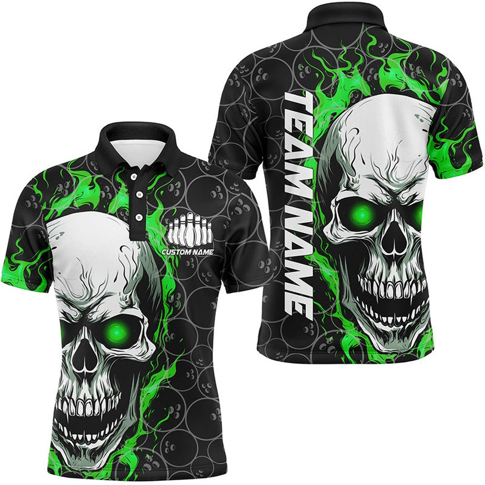Custom Bowling Polo Shirts, Personalized Skull Bowling Shirt For Men Custom Team'S Name Flame Bowler Jerseys Green