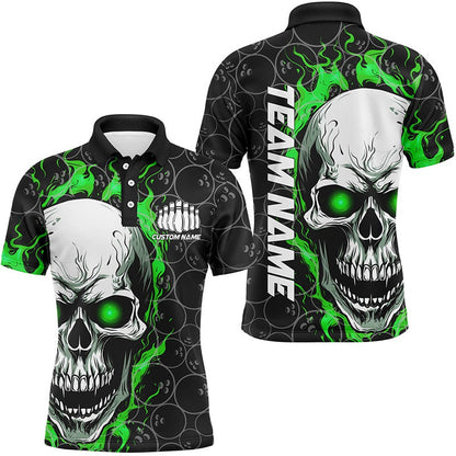 Custom Bowling Polo Shirts, Personalized Skull Bowling Shirt For Men Custom Team'S Name Flame Bowler Jerseys Green