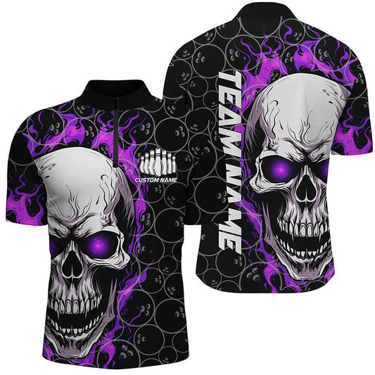Custom Bowling Polo Shirts, Personalized Skull Bowling Shirt For Men Custom Team'S Name Flame Bowler Jerseys Purple
