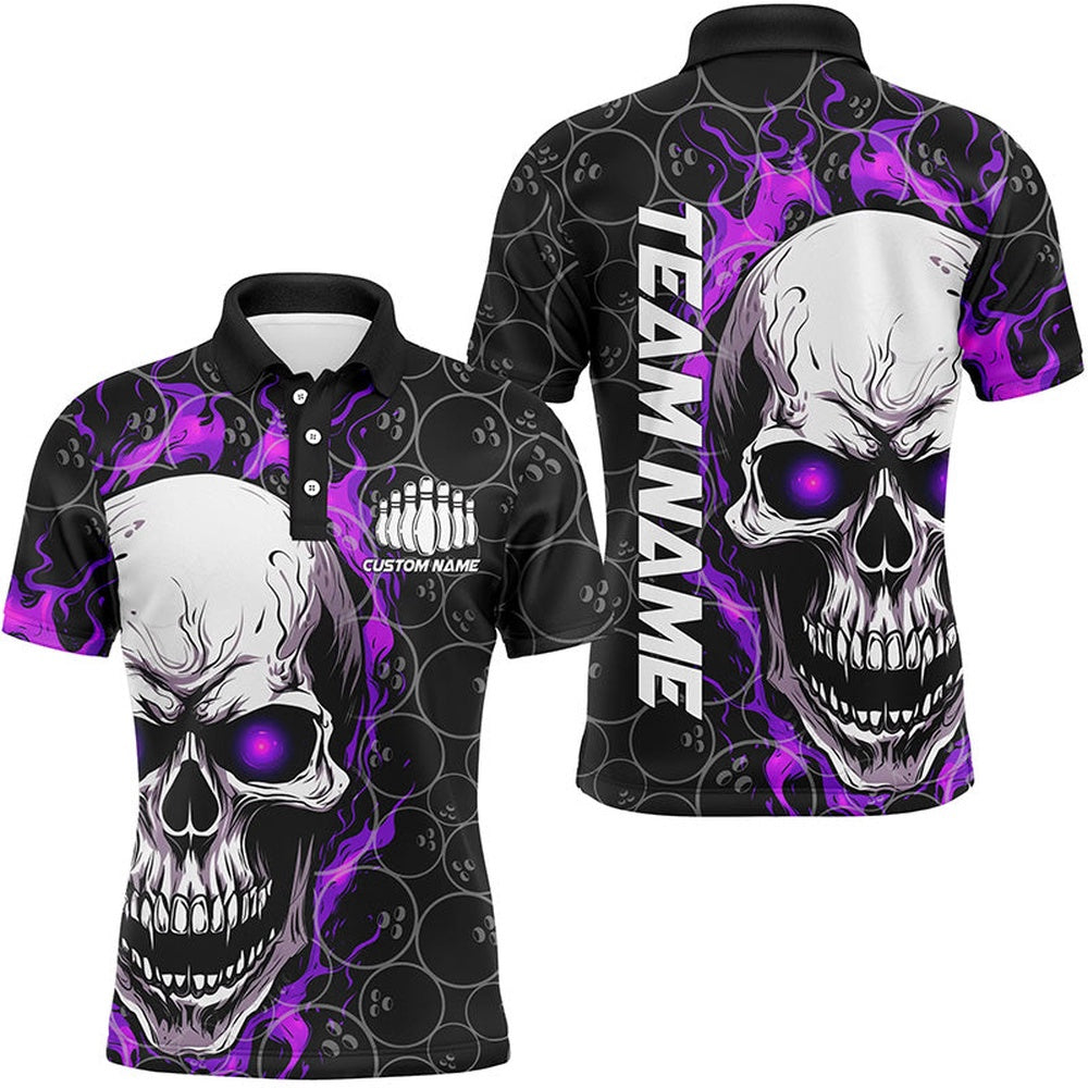 Custom Bowling Polo Shirts, Personalized Skull Bowling Shirt For Men Custom Team'S Name Flame Bowler Jerseys Purple